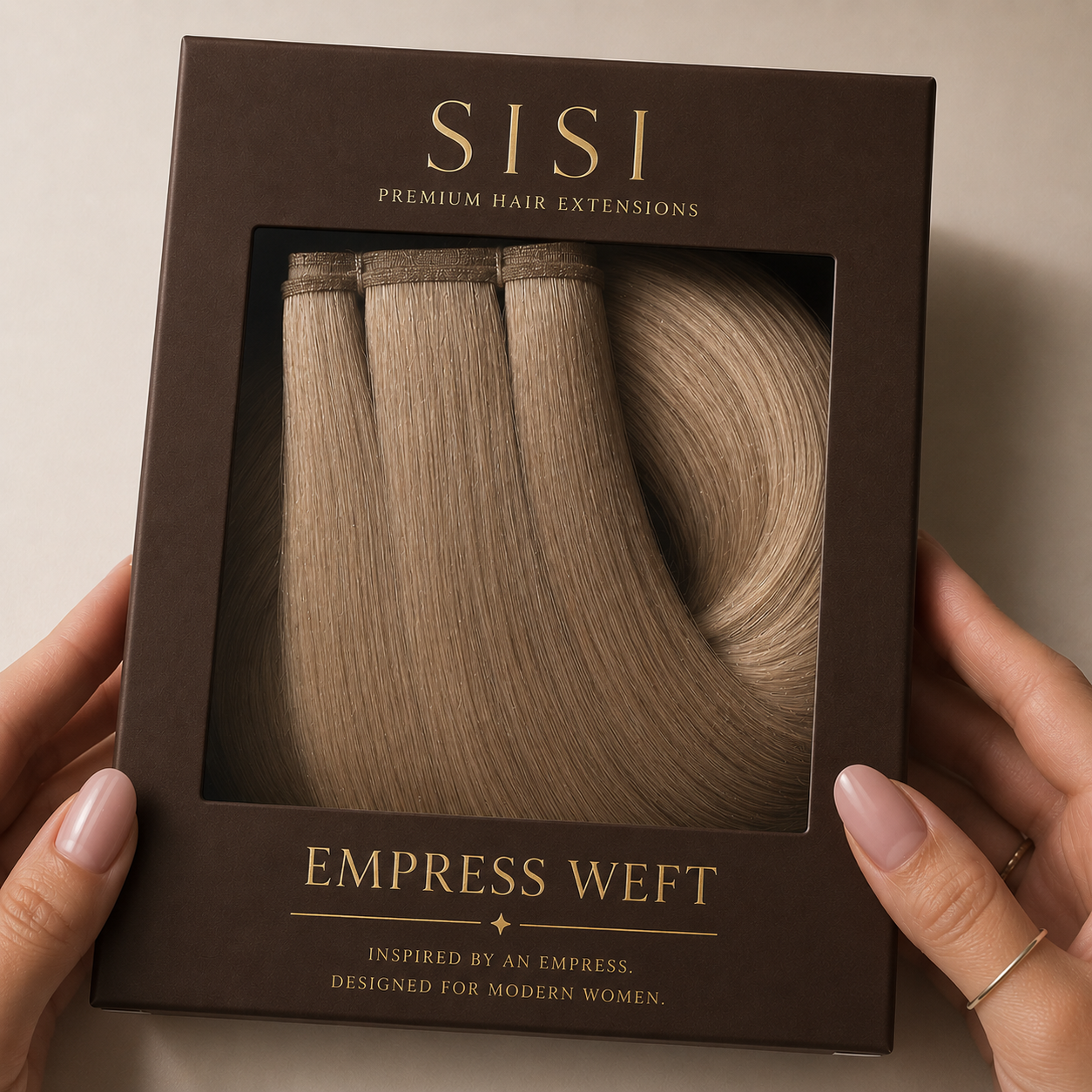 SISI Empress Weft packaging in a deep espresso box with gold lettering, held by two hands